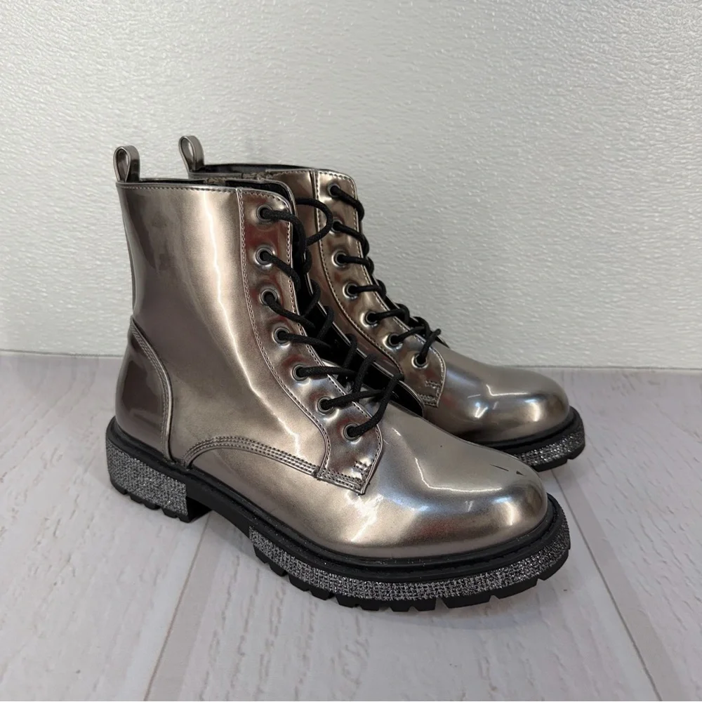 Steve Madden Jwoots Combat Boots Metallic Gunmetal Size 5‎